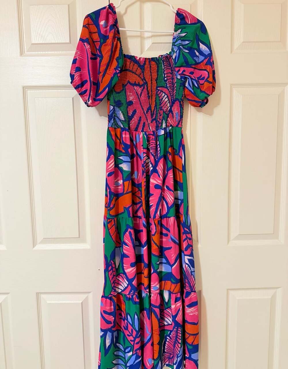 Roselyn Sanchez Maxi Dress M Multicolor Tropical Print Smocked